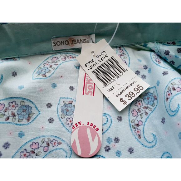 SOHO Jeans Womens Sky Blue Swirly Paisley Button-Up Shirt Jr. Sz Large NWT - Picture 12 of 16